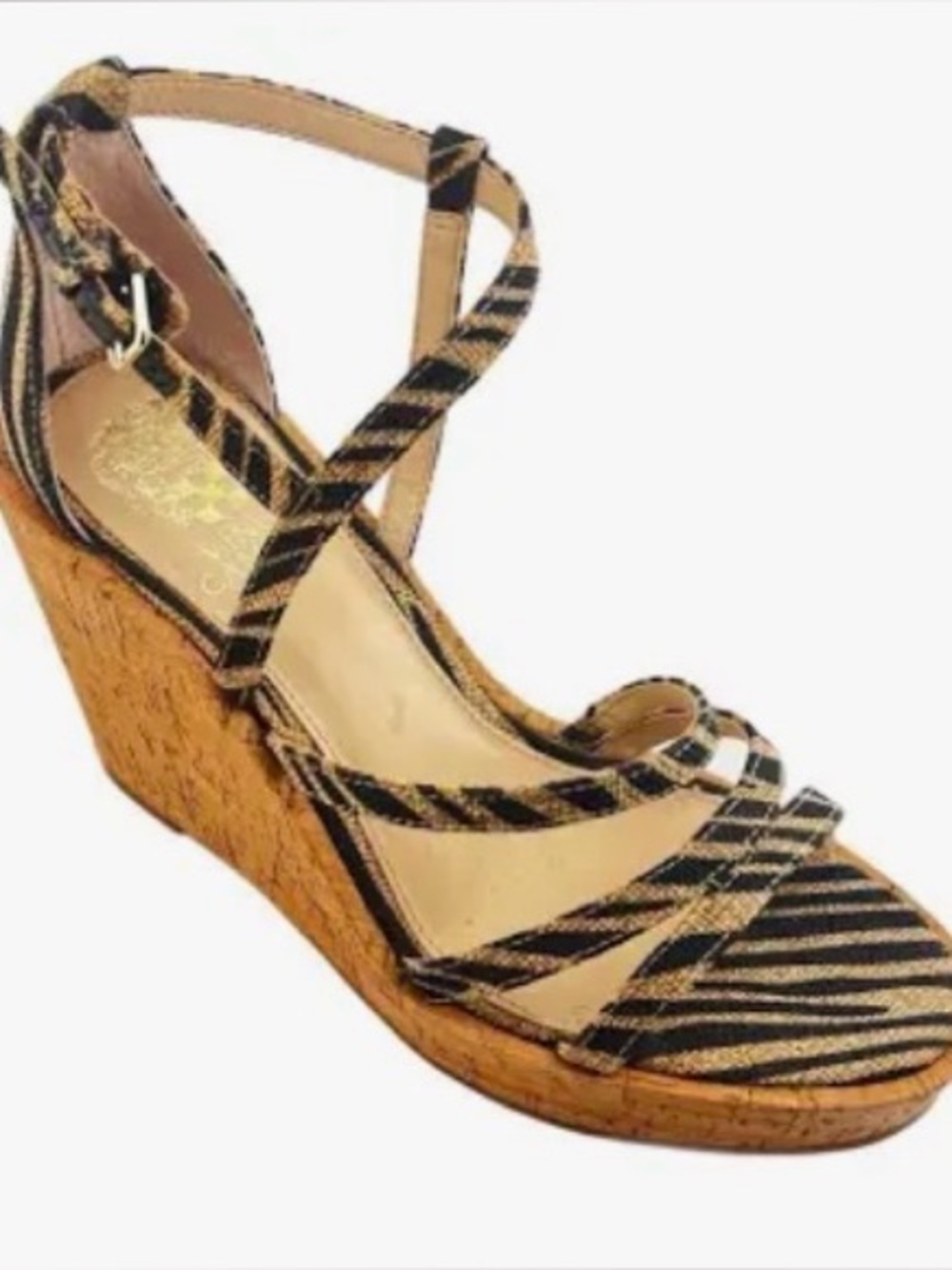 Vince Camuto Striped Black & Natural Cork Wedge Sandals